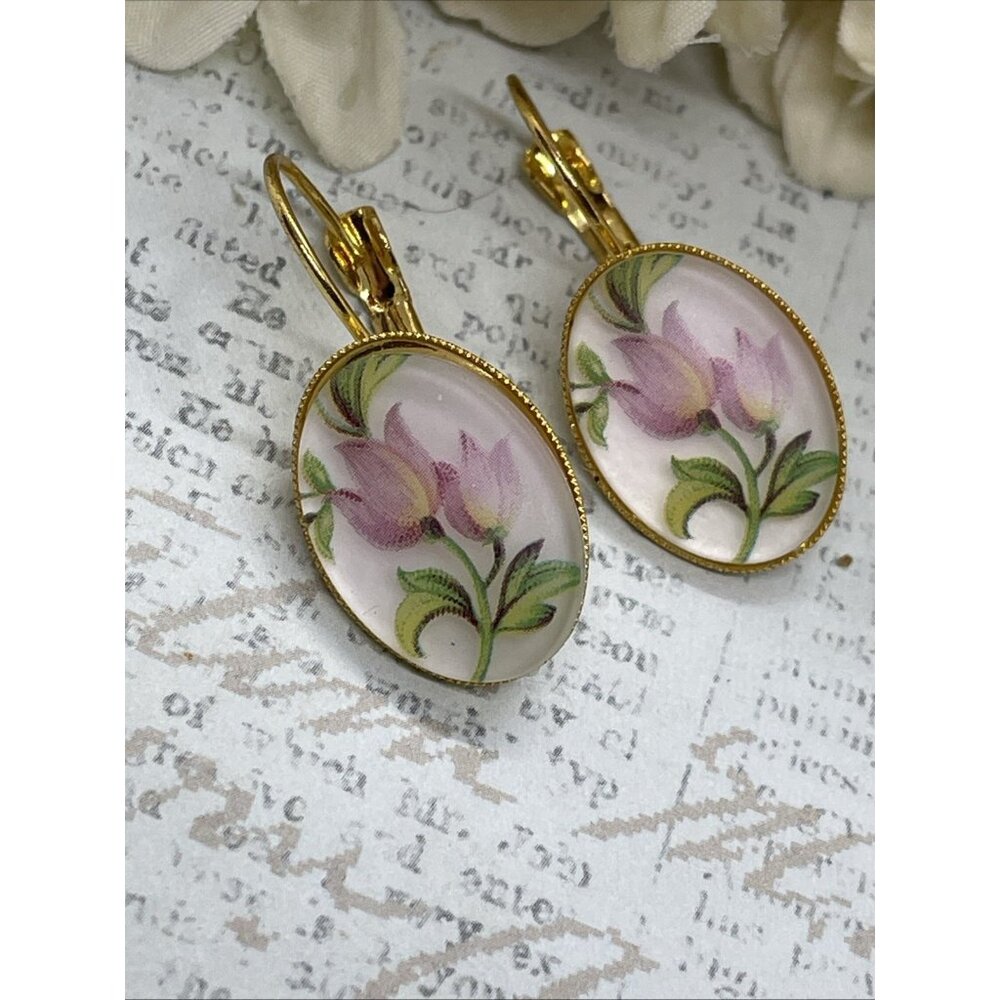 Frosted Pink Tulip Gold Boutique Wire Earrings Wedding Bridal Gift Birthday Wife - Picture 3 of 12